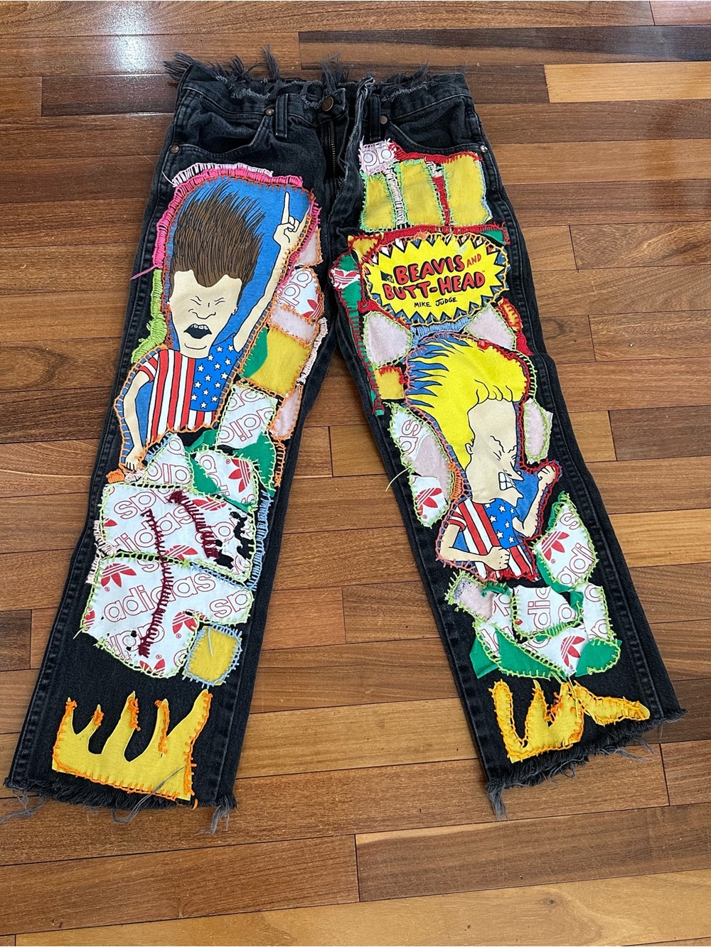 Custom One Of A Kind Embellished Beavis and Butthead Wrangler Jeans Blk 28 Crop